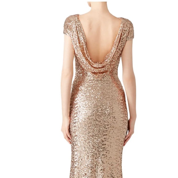 Badgley Mischka,Sequin Cowl Back Gown, rose gold, short sleeves, concealed zip. - Picture 2 of 11